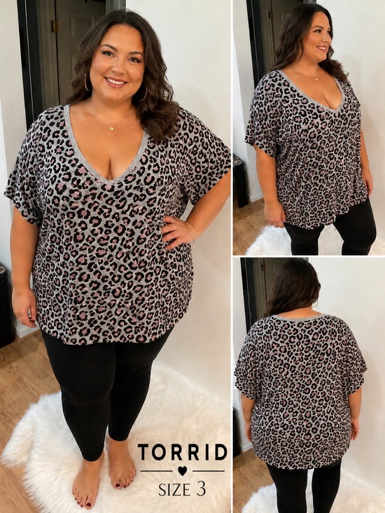 torrid Tops - Torrid Size 3 Gray Pink Leopard Print V-Neck Pocket Tee Plus Size 3X
